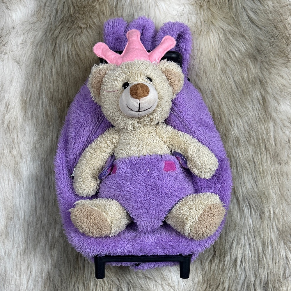 Kreative Kids Plush Princess Bear Rolling Backpack Luggage Purple Pink Crown